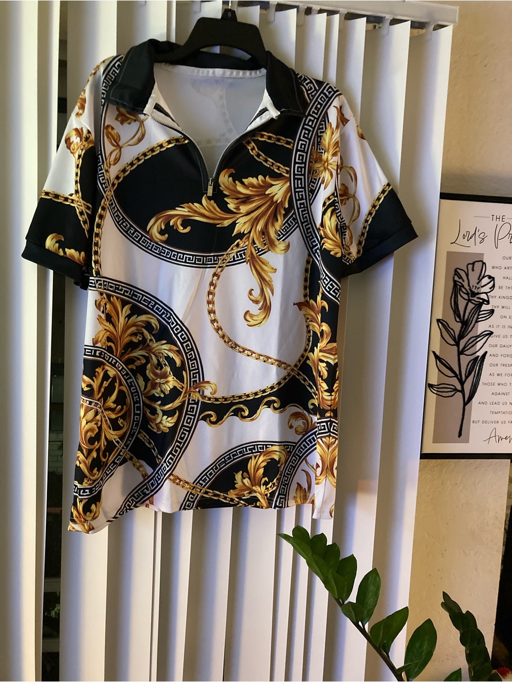 Black, White & Gold Baroque Short Sleeve Polo Top